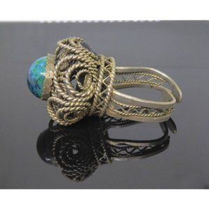 Vintage Israeli Ring Blue Green Eilat Stone In Intricate Filigree Adjustable Set